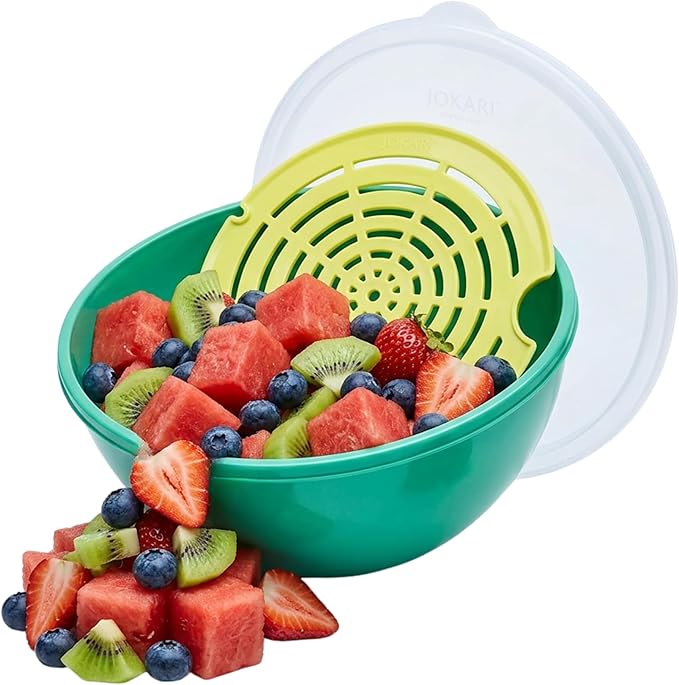 Jokari Watermelon Salad Bowl with Strainer and Lid - Self-Draining | Lid - Self-Draining Container, Fruit, Vegetables, Mixed Greens - Includes Nesting Colander, Snap-Tight Storage Lid