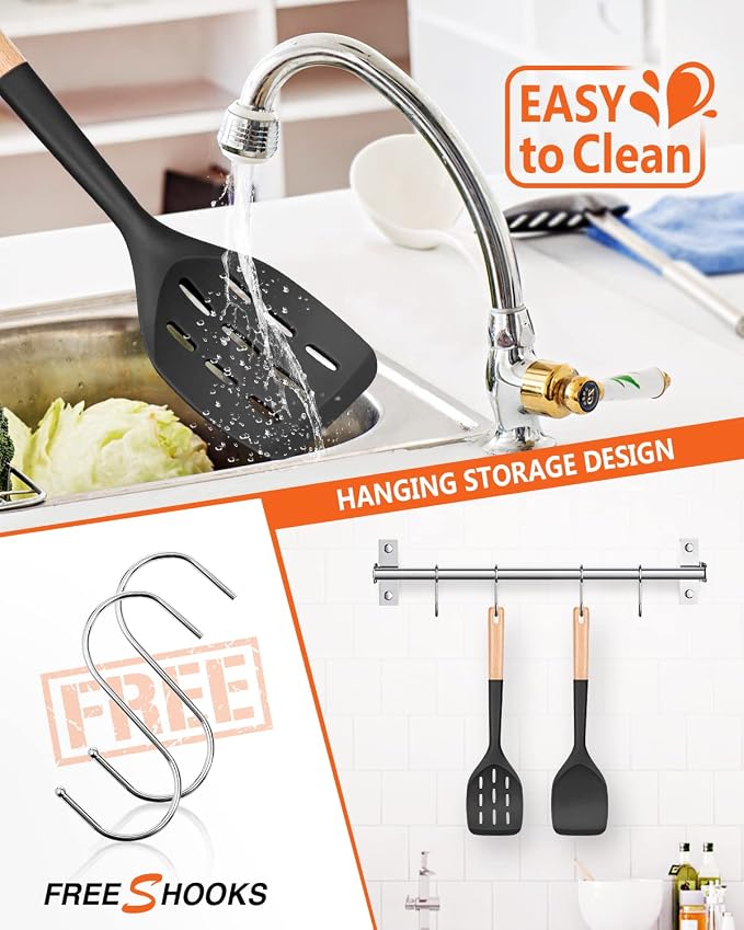Silicone Spatula, Non Stick Turner for Cooking, Food Grade, Black | Heat Resistant, Flexible Edge, 2 Pack Wooden Handle Kitchen Turner for Baking Mixing Grilling Serving Food