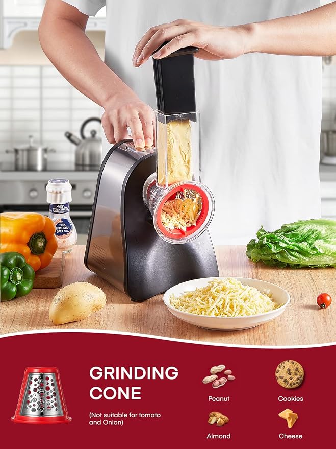 FOHERE Electric Cheese Grater Salad Maker, Electric Slicer Shredder for Home Kitchen Use, One-Touch Easy Control, Electric Grater for Vegetables, Cheeses and Nuts, BPA-Free, Red | Home Kitchen Use, One-Touch Easy Control, Electric Grater for Vegetables...
