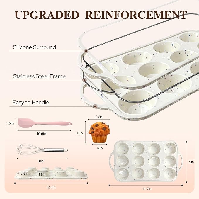 2 Pack Silicone Muffin Pans, 12 Cup Cupcake Pan with Metal Reinforced Frame | 3 Baking Tools Included, Nonstick Molds for Homemade Muffins, Cupcakes, Egg Bites, Oven & Dishwasher Safe