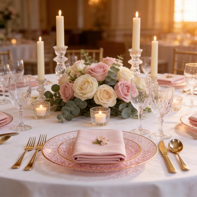 DaYammi 350PCS Clear Pink Plastic Dinnerware Set for 50 Guests, Hammered Disposable Plates for Party, Include: 50 Dinner Plates, 50 Dessert Plates, 150 Gold Silverware, 50 Napkins, 50 Cups