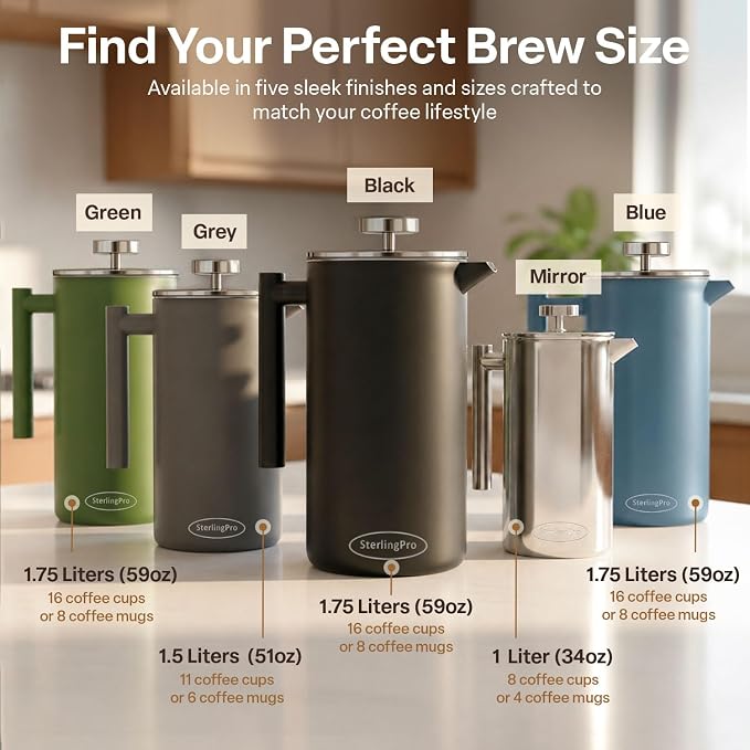 SterlingPro Large Insulated Stainless Steel French Press Coffee Maker 51oz Capacity (44 oz Brew Yield) – Double Wall Metal Coffee Press | Plastic Free | Cool-Touch | Blue Finish | 12 Cups / 6 Mugs