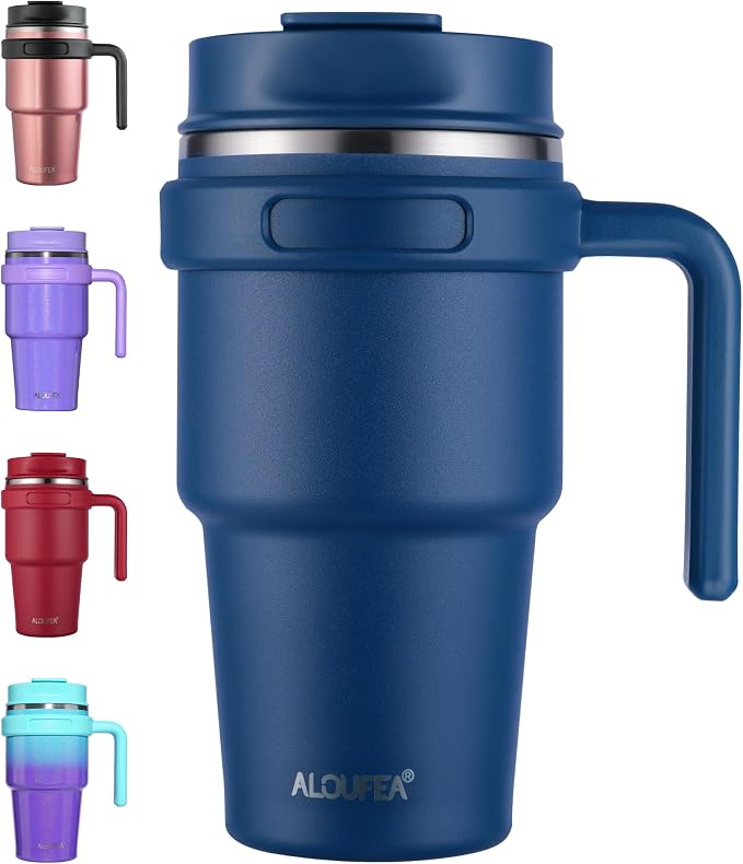 20 oz Insulated Travel Coffee Mug Tumbler with Handle and Straw | Leakproof Stainless Steel Coffee Cup with Lid, Double Wall Vacuum Ice Thermal Cup, Navy