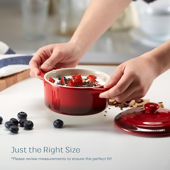 Kook Ceramic Mini Cocotte Set, Small Casserole Dishes with Lids and Handles, Individual Baking Ramekins, Oven safe 350F, Microwave & Dishwasher Safe, Stoneware, 12 oz, Set of 4, (Crimson Ombre)