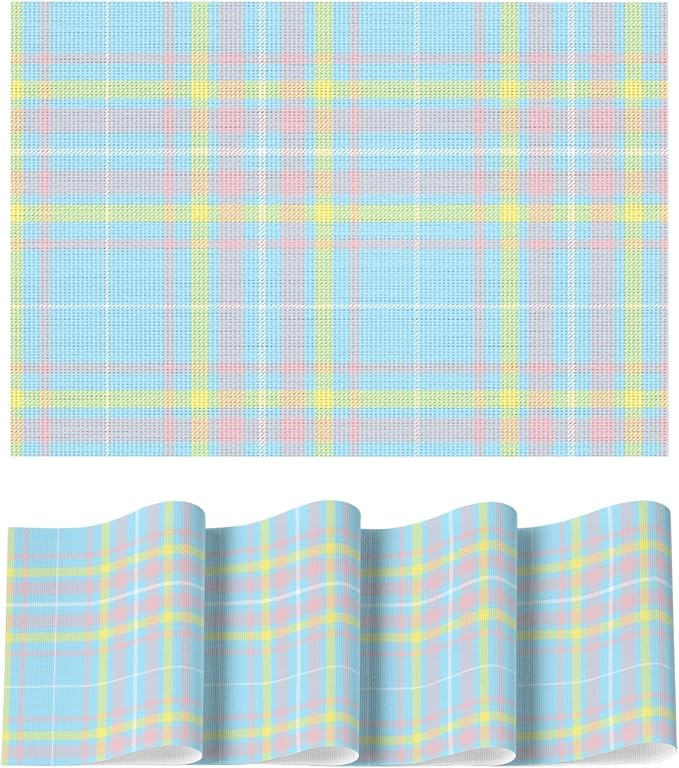 Artoid Mode Blue Striped Check Vinyl Placemats Set of 4, Heat Resistant Non-Slip Woven Plastic PVC Place Mats for Party Kitchen Dining Decor