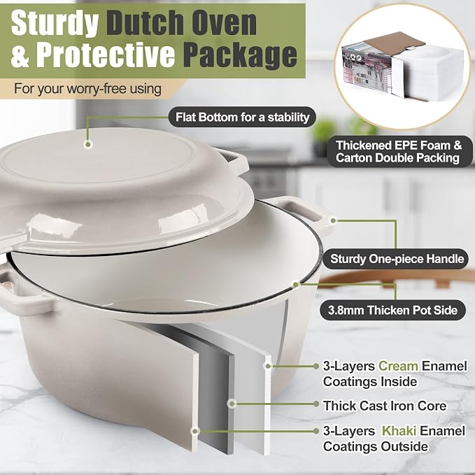 P&P CHEF 2 In 1 Khaki Dutch Oven Pot with Lid for Bread Baking, 5Qt | Cast Iron Bread Dutch Oven, Skillet & Pot for Roasting Braising Stewing Frying Simmering, Multi Stoves & Oven Safe