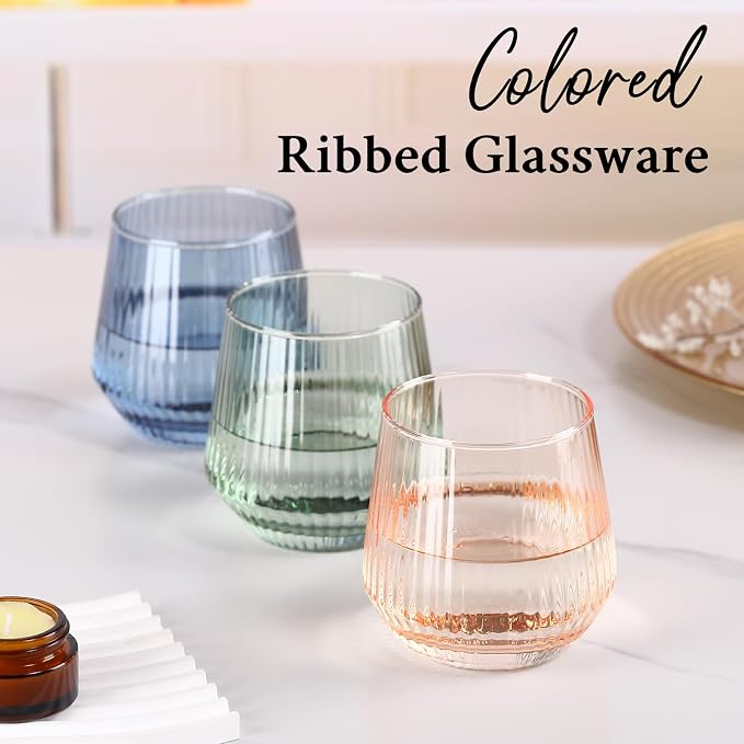 Colored Stemless Wine Glasses Set of 6, 12.5 Oz Ribbed Wine Glass,Coloful Drinking Glasses for Water, Cocktails, Champagne ,Ideal Gifts for Weddings, Bars, Christmas, Halloween,Party, Daily Use