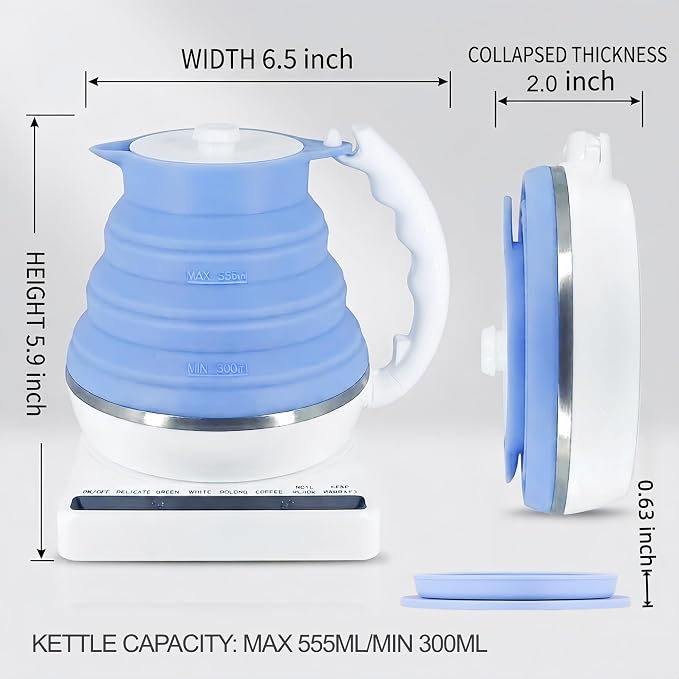Portable Coffee Maker Pour Over, Travel Coffee Maker Set + Travel Electric Kettle With Temp Control, Collapsible Portable Tea Kettle for Traveling, Hotel, Office, BPA-Free Silicone, 110V, Blue