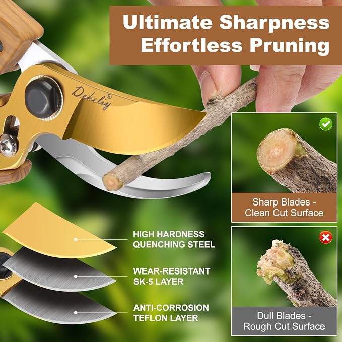 2Pack Garden Pruning Shears Set: Ultra Sharp SK5 Blade Gardening Shears & Precision Garden Scissors,Wood Like&Wide Walnut Ergonomic Handle,Perfect for Plant,Bonsai,Shrub,floral,Branch Trimming