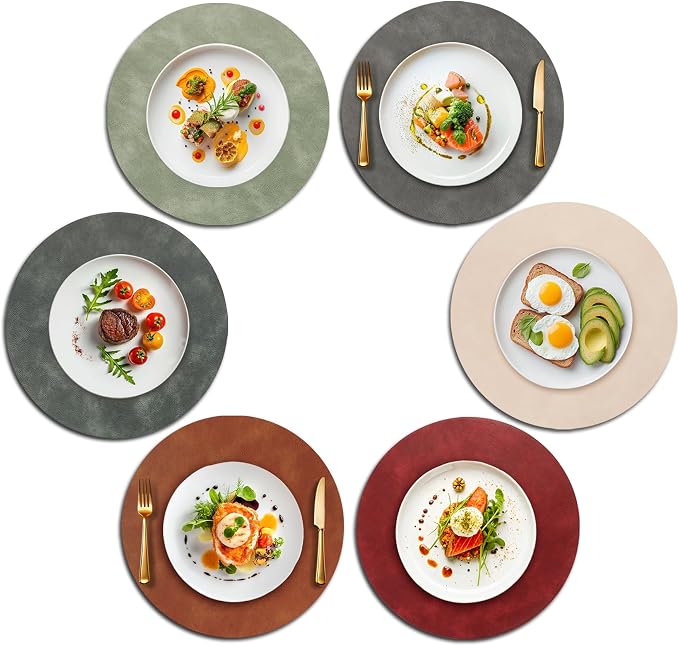 UnivoColors Placemats Round Faux Leather Placemats Set of 6-Waterproof-Wipe Clean-Heat Resistant-Anti Slip Dining Table Place Mats,15".(Dark Gray+Blue Grey+Green+Reddish Brown+Red+Beige)