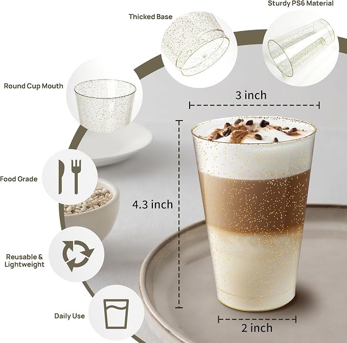 Byvivace [100 Pack 12oz Plastic Cups with Gold Glitter Sturdy & Food Safe Plastic Wine Glasses Disposable Cups Wedding Cups Party Cups Drinking Tumblers for Wine, Cocktails and Cold Beverages