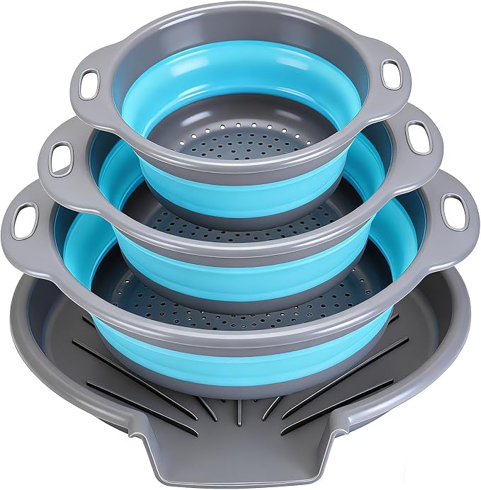 Collapsible Colander Set with Oversized Draining Tray | 3-Pack Foldable Kitchen Strainers + Base | Space Saving for Pasta, Veggies, Fruit & Rice | 5 Colors (Gray-Blue)