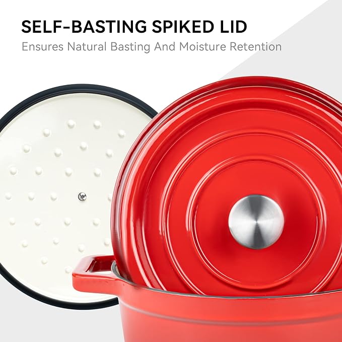 Miereirl 6.5 Quart Enameled Dutch Oven Pot with Lid, Cast Iron Dutch Oven with Dual Handles for Bread Baking, Cooking, Non-stick Enamel Coated Cookware (Red)
