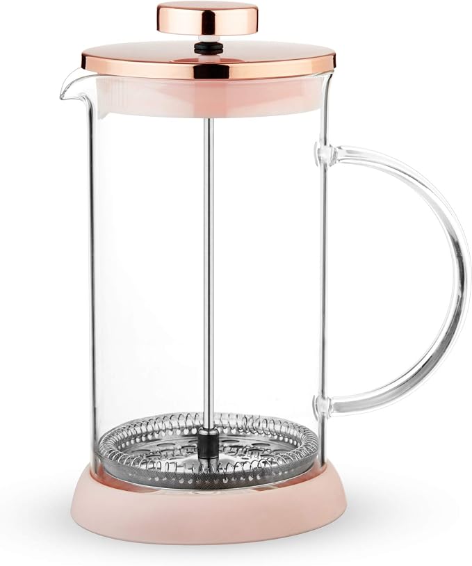 Pinky Up Riley Mini Glass Tea Press Pot, Coffee Maker, French Press for Loose Leaf Tea and Coffee, Hot or Iced Beverage Brewer, 12 oz, Pink