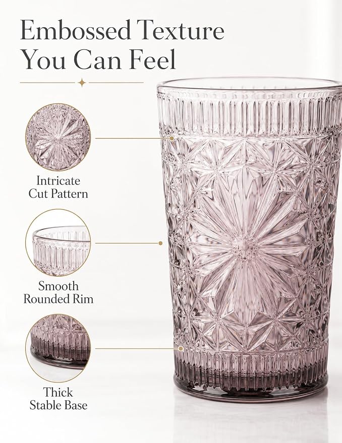 Colored Vintage Drinking Glasses Set of 6, 13 oz Gradient Embossed Highball Glasses, Textured Glass Cups Tumblers for Water, Iced Coffee, Juice & Cocktails, Dishwasher Safe(Dahlia style)