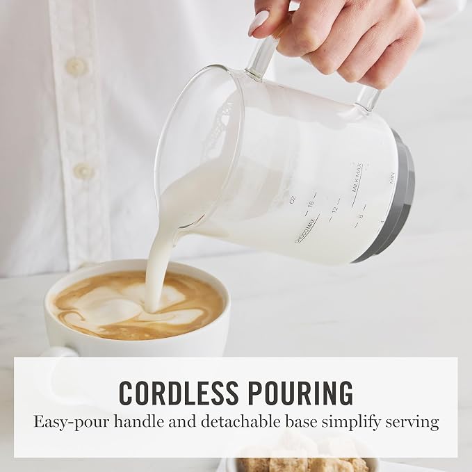 Martha Stewart 10oz Milk Frother & Steamer, 4 Presets, 300ml Glass Pitcher | Light, Dense, Cold Foam & Hot Chocolate, Ready in 90 Seconds, Cordless Pouring, Runs Quiet, Almond, Soy & Oat Milk, Sky Blue