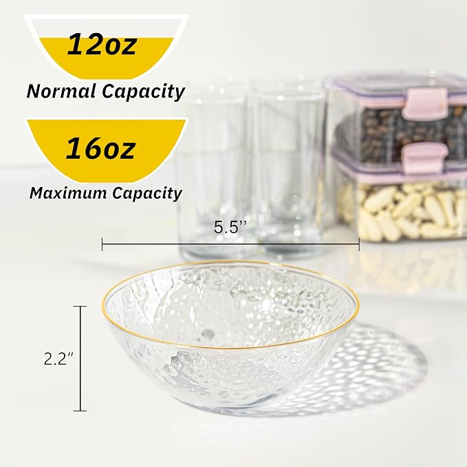 30 Pack 12 Ounce Clear Plastic Bowls Serving Bowls Hammered with Gold Rimmed, Heavy Duty Disposable Bowl Set,Small Bowl for Wedding & Party