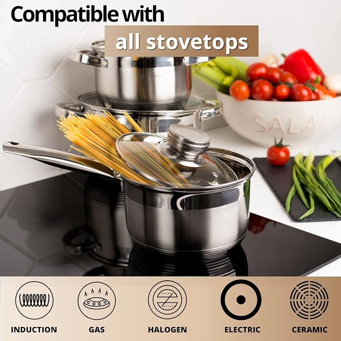 Daniks Standard 7 Quart Stainless Steel Stock Pot with Glass Lid, Tri-Ply Bottom for Even Heating, Induction Compatible, Dishwasher Safe, Built-In Measuring Scale, Silver