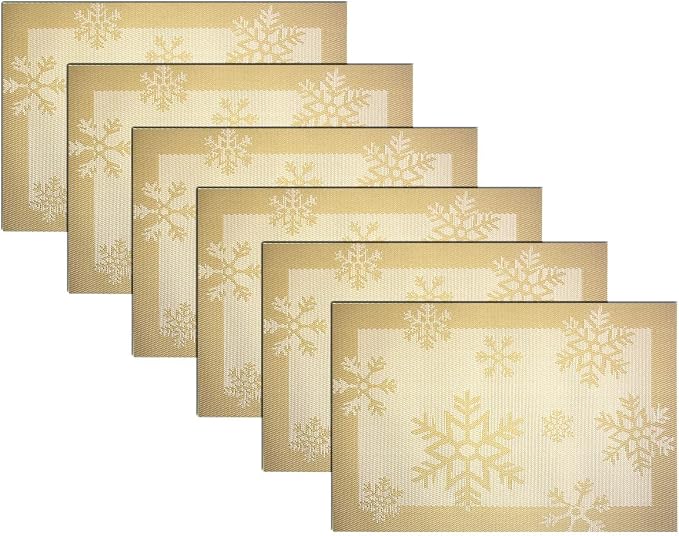 PIGCHCY Christmas Placemats Snowflake Woven Heat Resistant Placemats Washable Easy to Clean Table Mats for Dining Room and Decor(Set of 6, Gold)