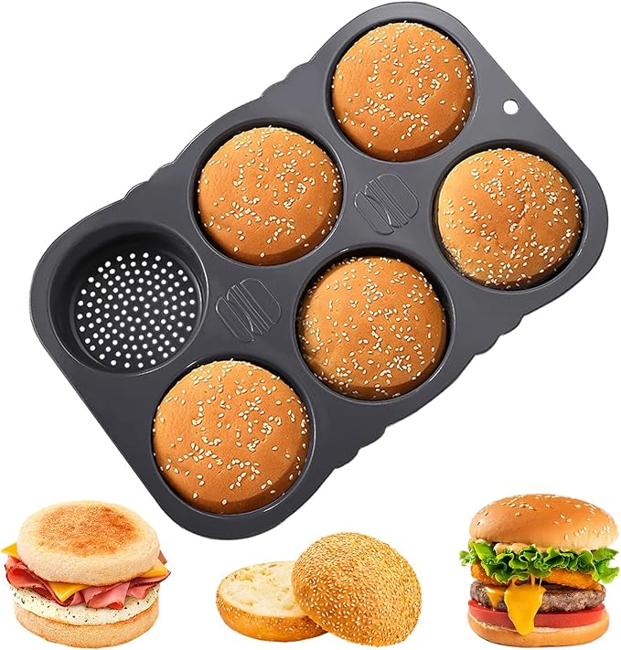 6-cavity Silicone Hamburger Bun Pan, Nonstick & Heat Resistant Burger Bun Pan, Bread Baking Pan for Hamburger Bun, English Muffin, Cinnamon Roll, Mini Sourdough, Bread Pans for Homemade Bread