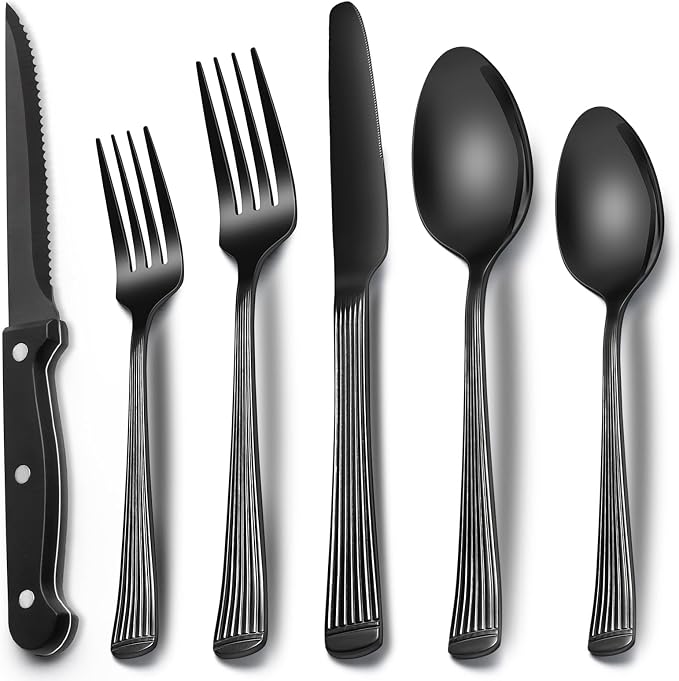 EWFEN 24-Piece Black Silverware Set with Steak Knives, Black Flatware Set for 4, Food-Grade Stainless Steel Tableware Cutlery Set, Mirror Finished Utensil Sets for Home Restaurant, Roman Column