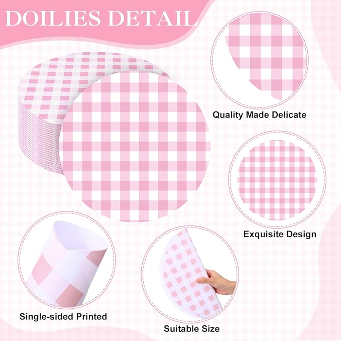 Funnymoom 60 Pcs Pink and White Gingham Disposable Paper Placemats Round Table Place Mat Summer Checkered Decorative Paper for Baby Shower Wedding Birthday Party Dinner Table Decor