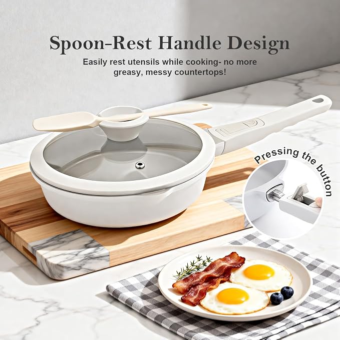 AIKENBBKK Small Egg Frying Pan Nonstick, 8 Inch Ceramic Skillet, Non Stick Omelette Pan, Non Toxic Pans for Cooking, Induction Cookware, Compatible with All Stoves, Detachable Handle, Oven Safe, White
