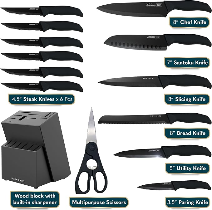 Home Hero 15-Piece Kitchen Knife Set - Knife Block Set | Black Stainless Steel Knife Set with Wooden Block - Built-In Sharpener, Ergonomic Handles & Nonstick Coating (15-Piece)