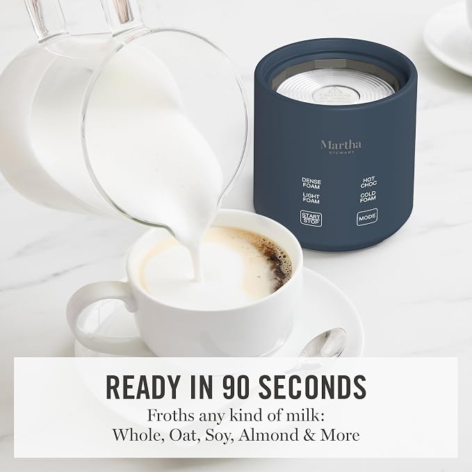 Martha Stewart 10oz Milk Frother & Steamer, 4 Presets, 300ml Glass Pitcher | Light, Dense, Cold Foam & Hot Chocolate, Ready in 90 Seconds, Cordless Pouring, Runs Quiet, Almond, Soy & Oat Milk, Indigo