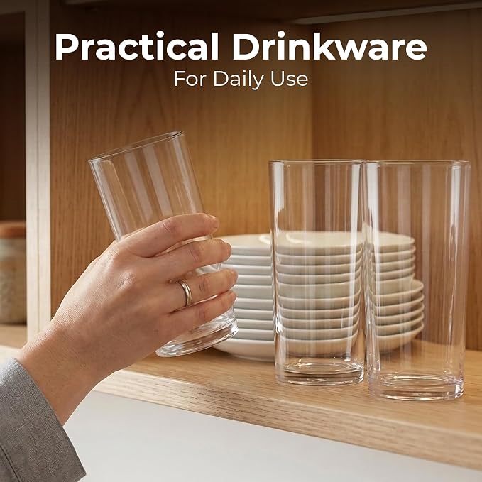 Zulay Kitchen Plastic Drinking Glasses (Set of 8) – 16oz Acrylic Shatterproof Water Cups for Home, Kitchen & Outdoors – Crystal Clear Glass Look – BPA & Lead-Free – Top-Rack Dishwasher Safe