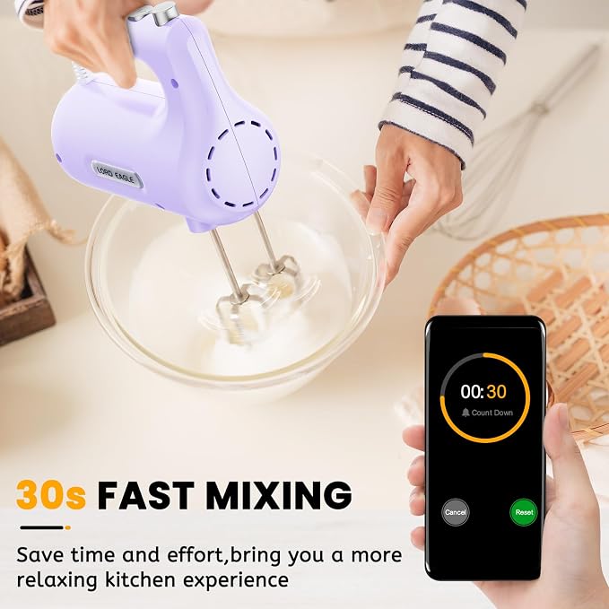 Lord Eagle 5-Speed Hand Mixer Electric With 4 Mixing Bowls Set | 300W Lightweight Kitchen Handheld Mixer with Measuring Cups & Spoons, Stainless Steel Bowls, Baking Supplies for Cake, Purple