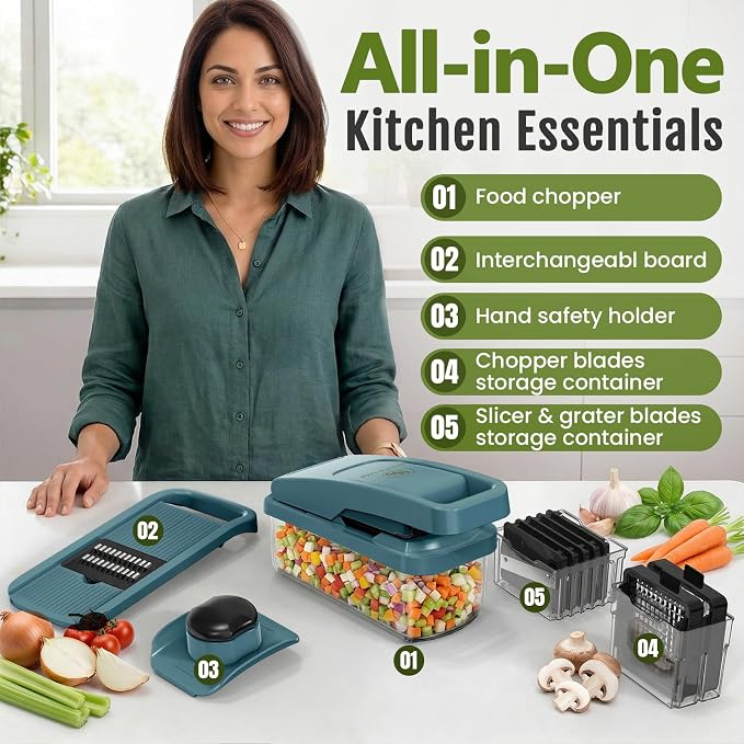 Multifunctional Vegetable Chopper & Mandoline Slicer with Spiralizer | Removable Grid ,8 Interchangeble Blades, Onion Chopper, Easy to Clean, Dishwasher Safe, Fruit Slicer Onion Dicer