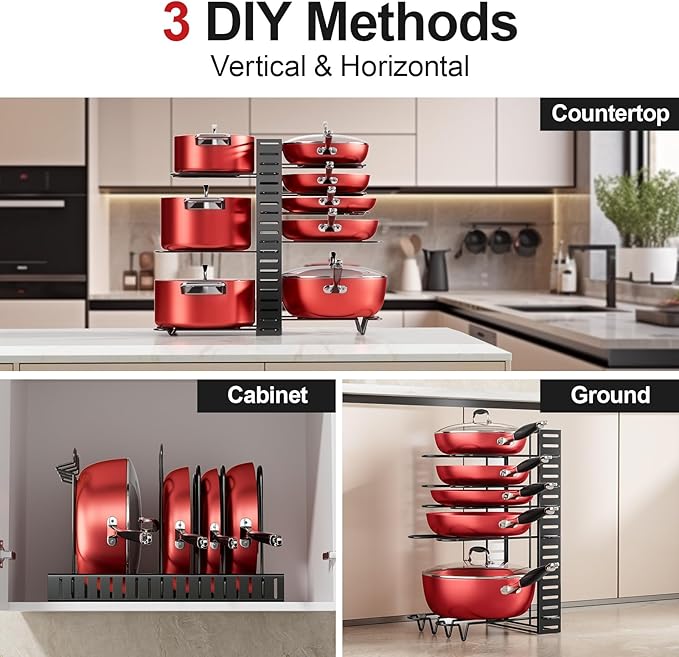 MUDEELA 8-Tier Pots and Pans Organizer under Cabinet, 16.61" Height Light Duty Pot and Pan Organizer Kitchen Cabinet Organization and Storage, Adjustable Pot Rack with 3 DIY Methods for Lids, Bakeware | Light-duty adjustable pot rack, 3 DIY methods, Ho...