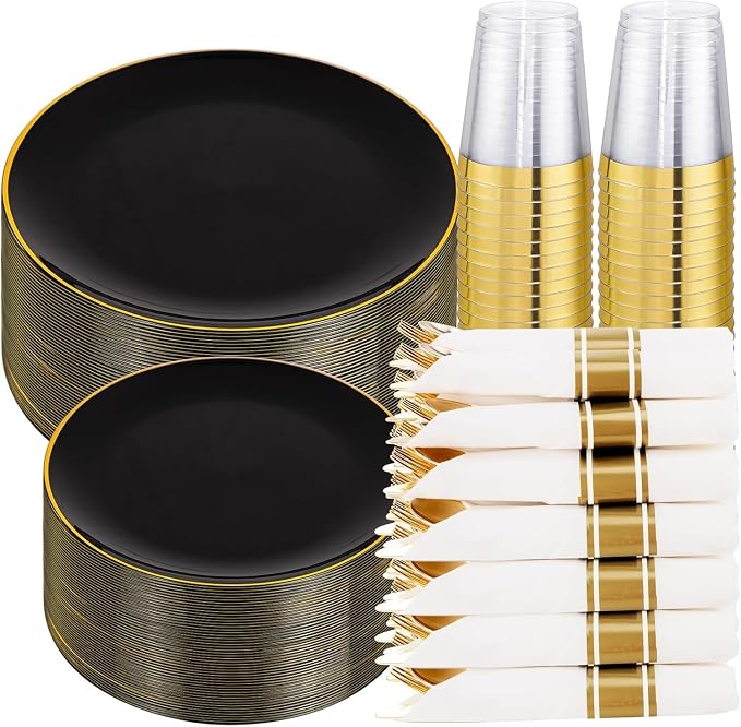 KIRE 350 PCS Black and Gold Plastic Plates - Plastic Dinnerware for Wedding | Include 100PCS Black Disposable Plates, 50PCSPre Rolled Napkins with Silverware & 50PCS Cups for Party/Halloween/New Year