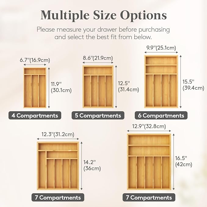 Lifewit Bamboo Silverware Tray for Drawer, 6.7 x 12 | Utensil Organizer for Kitchen, Flatware and Cutlery Holder, Storage for Spoons Forks Knives, Natural