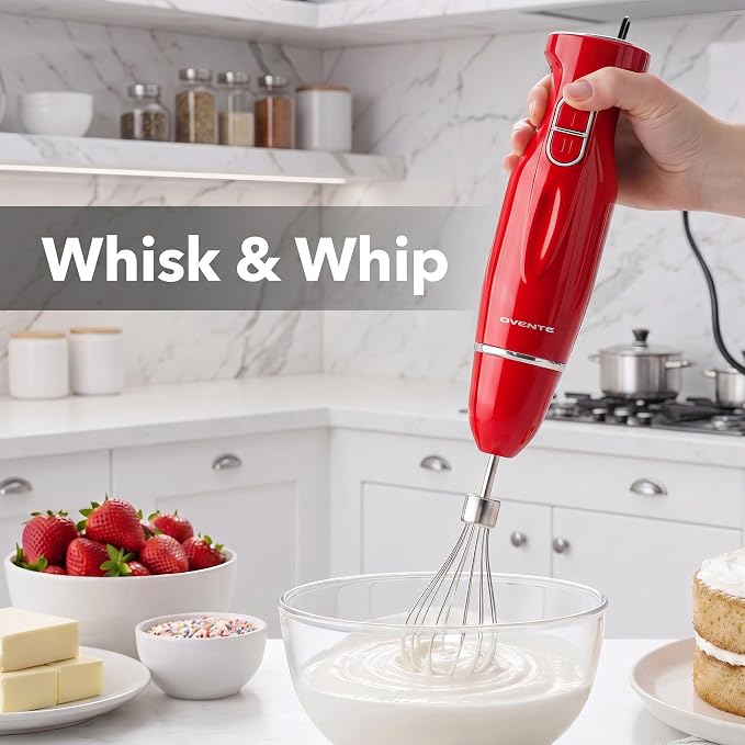 OVENTE Electric Hand Blender Set with 2 Mixing Speeds, 300W Red HS565R | Corded Immersion Handheld Stick Mixer with Stainless Steel Blades, Egg Whisk, Beaker & BPA-Free Food Chopper