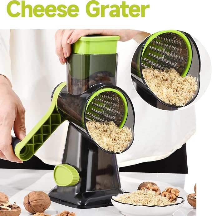 Rotary Cheese Grater with Handle Kitchen Shredder Slicer Grater Slicer Ice Shaver Cheese Vegetable Nuts Potato Zucchini Chocolate 3 Interchangeable Blades (Green TSP)