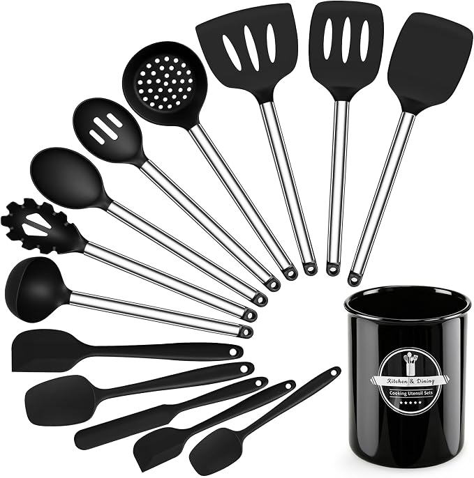 14PCS Kitchen Silicone Cooking Utensils Set with Holder | Heat Resistant, Food-grade Silicone and Stainless Steel, Spatula Set for Nonstick Cookware, Dishwasher Safe,Flexible,Durable