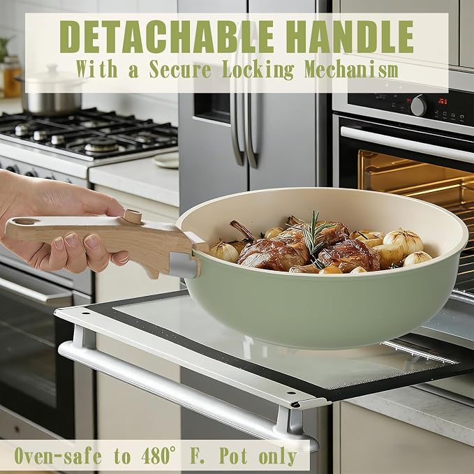 Umite Chef Non Stick Pots and Pans Set, 21 Pcs Ceramic Kitchen Cookware Set with Detachable Handle, Nonstick Healthy Induction Cookware, Dishwasher RV Cookware Set, Oven Safe, Stackable, Sage Green