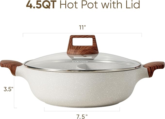 CAROTE 4.5QT Stockpot with Divider Double Flavor | Kitchen Braiser Pan with Glass Lid, Dual Sided Nonstick, Cookware for Induction Cooktop Gas Stove