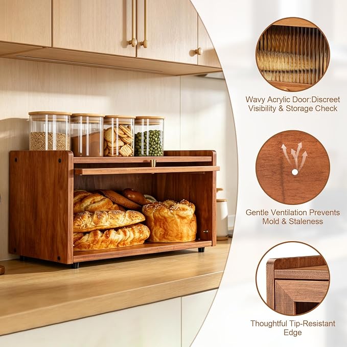 Wooden Bread Box for Kitchen Countertop, Daily Bread Storage for Clutter-Free Counters, Flat Top Bread Holder with Acrylic Door, Brown