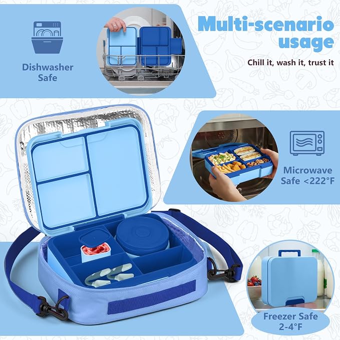 WyfKyd Bento Lunch Box Set with Soup Thermo Food Container for Kids Adults | Bento Box Set with 9.5oz Soup Thermo Kids Leak-proof Lunch Box Container with Insulated Hot Food Jar and Bag for School Blue