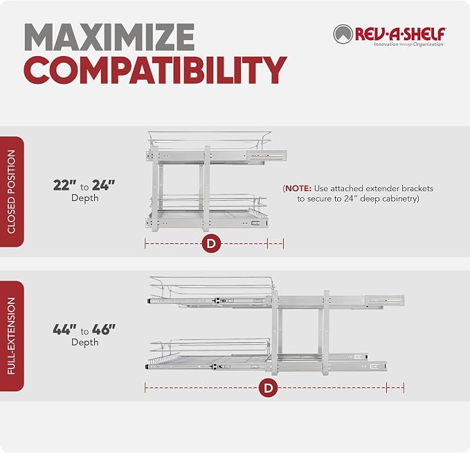 Rev-A-Shelf Pullout Organizer for Cabinets, Min Opening Width of 24" | Two-Tier Steel Shelf for Kitchen or Vanity Cabinet Organization, Heavy Gauge Wire Slide Out Storage Basket, 5WB2-2422-CR-1