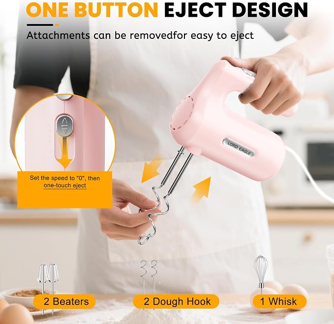 Lord Eagle 5-Speed Small Hand Mixer Electric, 300W Compact Portable, Pink | Handheld Kitchen Mixer Egg Beater with 5 Attachments & Storage Bag, Cake Supplies for Bread Dough Baking, Lightweight