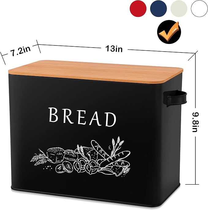 E-far Bread Box for Kitchen Countertop, Metal Bread Storage Container Bin with Bamboo Lid for Cutting Bread, Extra Large & Farmhouse Style, 13” x 7.2” x9.8”, Black