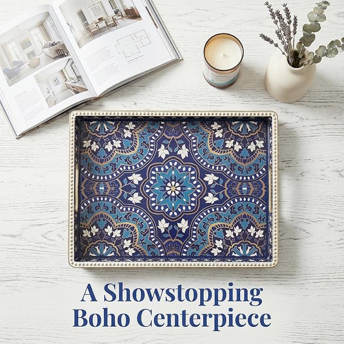 Boho Serving Tray with Handles, Large Rectangular Decorative Ottoman Tray with Gold Beaded Rim, Blue Floral Mandala Design, for Coffee Table, Kitchen Counter, Vanity, 15.7”x11.8”