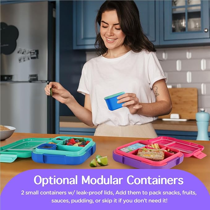 Caperci Bento Box for Kids Age 4-8 - 4.8 Cups Lunch Box with 2 Modular Containers - 4 Compartments Lunch Container, Leak-Proof, Portable Handle, Microwave/Dishwasher Safe (Fuchsia/Purple)
