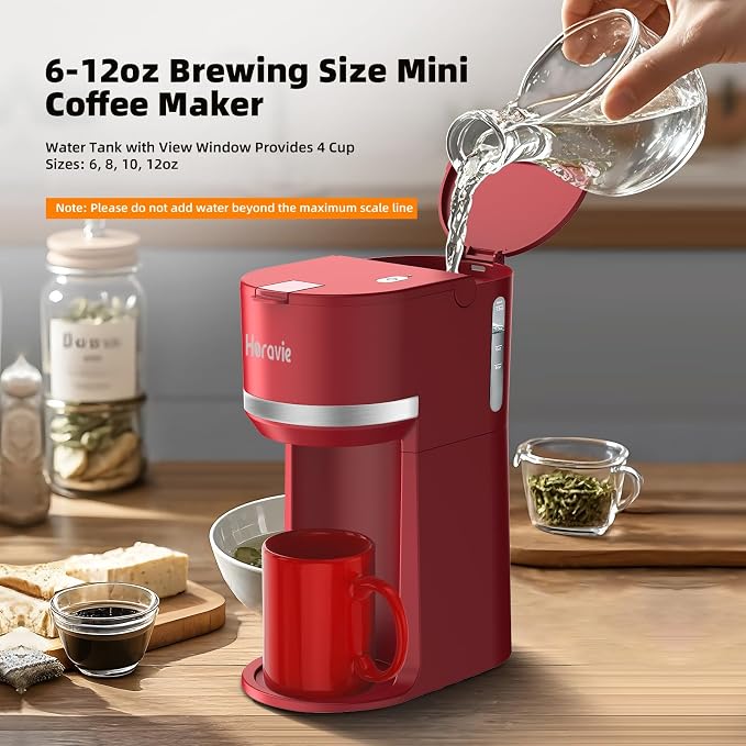 Horavie Mini Single Serve Coffee Maker for K-Cup Pods and Grounds, Fast Brew One Cup Coffee Machine with Descaling Reminder and Water Window, 6 to 12 oz. Brew Sizes, Red