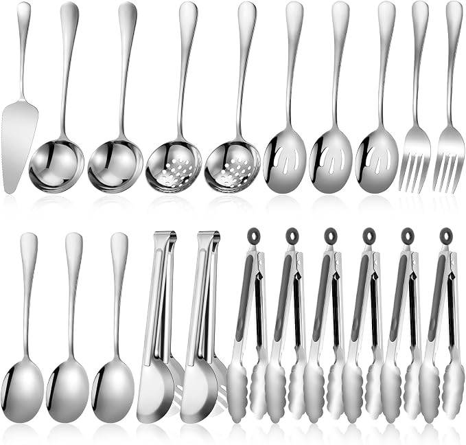 19 Pcs Serving Utensils Set Stainless Steel Tongs,Silver | Includes Spatulas Forks Spoons Perforated Skimmers, Parties Buffet Professional Kitchen Tools Home Gatherings Events