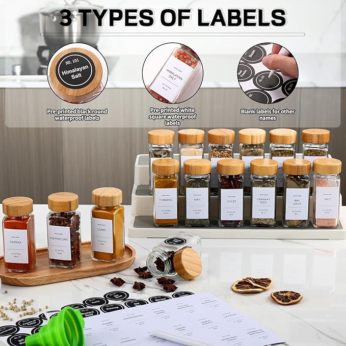 DIMBRAH Spice Jars with Label 24Pcs,Seasoning Containers,Glass Spice Jars with Bamboo Lids,Kitchen Essentials,Spices Container Set,Kitchen Set,Seasoning Organizer,A total of 96 oz